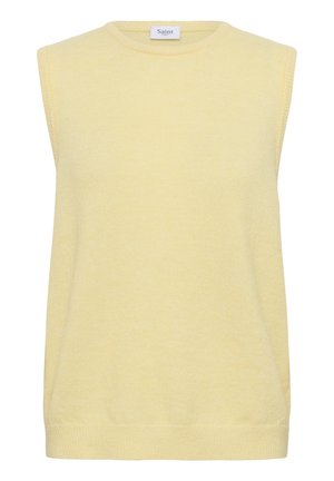 Ženski brezrokavnik rumene barve iz pletenine z okroglim izrezom, mehkim otipom in rebrastim robom. Preprost dizajn, lahek material, idealen za plastenje.