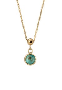 Gold necklace with a textured chain, featuring a circular turquoise pendant encased in a gold bezel and a gold accent ball above the pendant.
