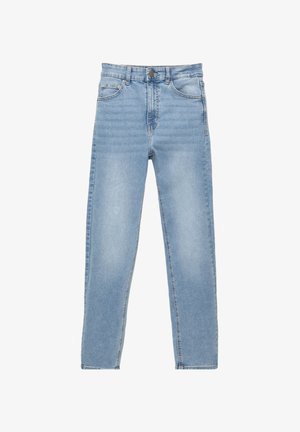 Jasnoniebieskie dżinsy z denimu z kieszeniami z przodu i z tyłu, szlufkami na pasek oraz zapięciem na guziki i zamek błyskawiczny.