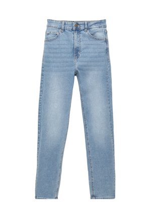 Hellblaue Denim-Jeans mit geradem Bein, ausgestattet mit einem Knopfverschluss, Fünf-Taschen-Design und subtilen Verfärbungen im Stoff.