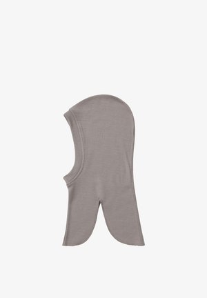 Cagoule en tissu doux marron clair avec visage ouvert et couverture allongée du cou, présentée sur fond blanc.