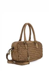 Brown woven leather handbag with dual top handles, a removable shoulder strap, and gold-tone hardware. Zipper closure at the top.