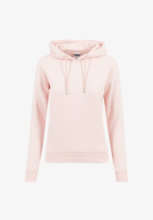 Vaaleanpunainen huppari, valmistettu pehmeästä kankaasta; siinä on kiristysnauhahippu, resorit hihansuissa ja helmassa, rento istuvuus ja ei näkyviä kuvioita.