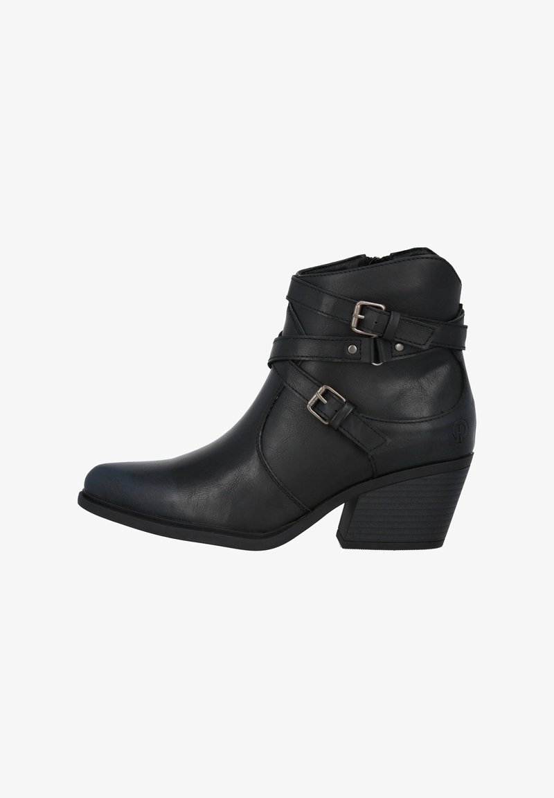 Botín de cuero negro hasta el tobillo con punta afilada y tacón apilado. Presenta correas dobles con hebillas en el empeine y un cierre de cremallera en la parte posterior.