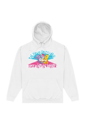Biała bluza z kapturem i kieszonką z przodu. Zawiera kolorowe rysunkowe misie oraz tekst "Miłe osoby to najlepszy rodzaj ludzi."