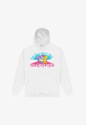 Weißer Hoodie mit einer Fronttasche. Verziert mit bunten Cartoon-Bären und dem Text "Freundliche Menschen sind die besten Menschen."