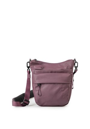 Borsa a tracolla viola compatta con tracolla regolabile, tasca frontale con zip e chiusura principale con zip.