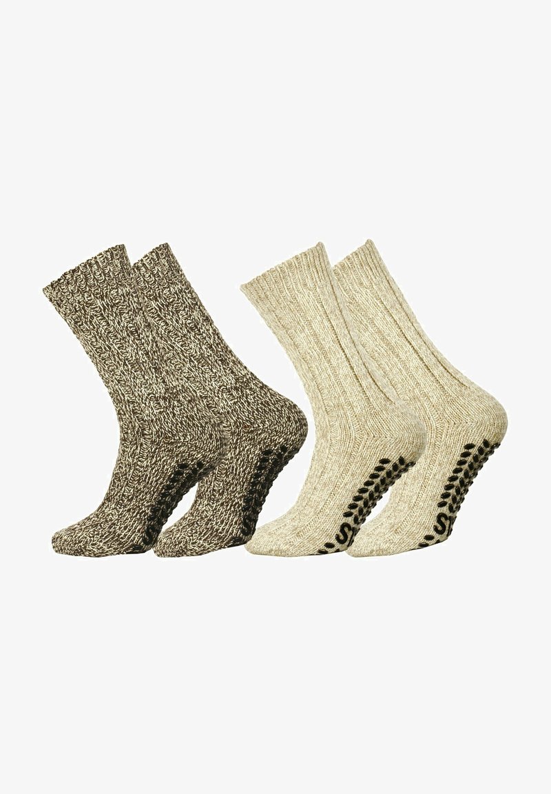 Calzini lavorati a maglia in grigio scuro e crema; design a costine; lunghezza alla caviglia; il fondo presenta impugnature in gomma nera per stabilità.