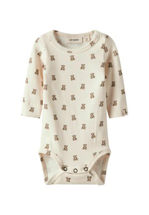 Cremfarbener Langarm-Babybody mit braunem Teddybaumuster, rundem Ausschnitt und drei Druckknöpfen im Schritt.