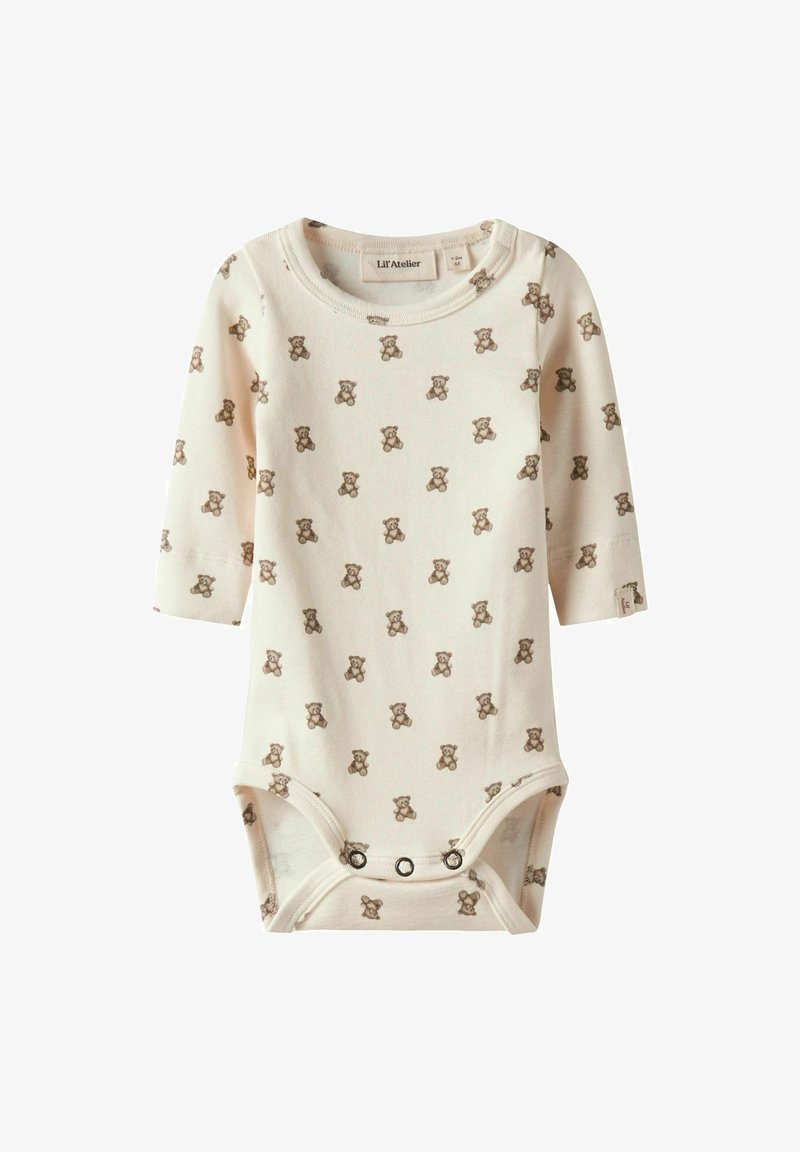 Krema dugih rukava bodi za bebe s uzorkom smešnog meda, okrugli izrez i tri dugmeta za kopčanje na preponama.