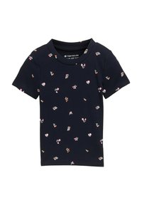 Marineblauwe geribde shirt met korte mouwen, versierd met een bloemenpatroon in roze en groen. Ronde hals, casual pasvorm en lichtgewicht stof.