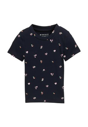 Marineblaues, geripptes T-Shirt mit kurzen Ärmeln, das ein florales Muster in Rosa und Grün aufweist. Rundhalsausschnitt, lässige Passform und leichtes Material.