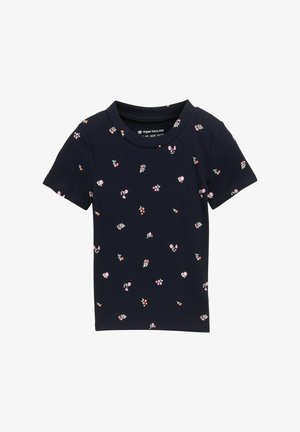 Marineblauwe geribde shirt met korte mouwen, versierd met een bloemenpatroon in roze en groen. Ronde hals, casual pasvorm en lichtgewicht stof.