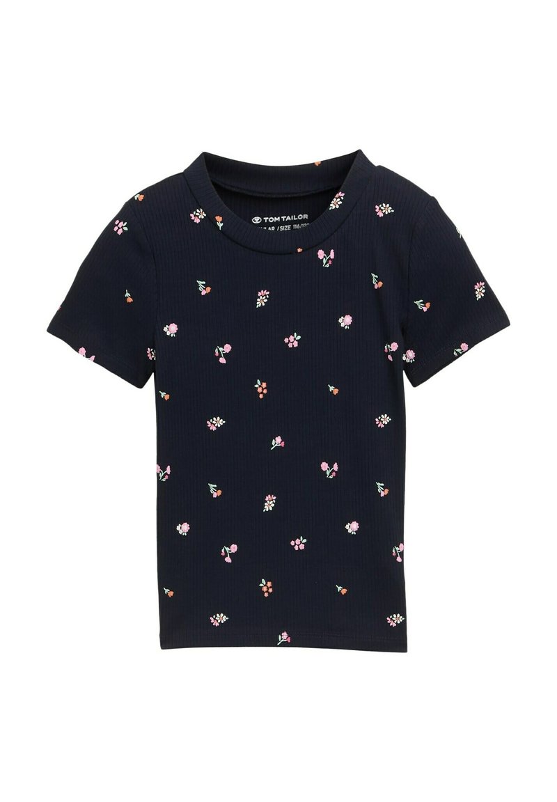 Marineblauwe geribde shirt met korte mouwen, versierd met een bloemenpatroon in roze en groen. Ronde hals, casual pasvorm en lichtgewicht stof.