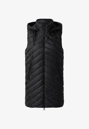 Čierna vypchávkovaná vesta s prešívaným dizajnom v tvare chevron, s predným zipsom, kapucňou a dvoma zipsovými bočnými vreckami. Vyrobené z ľahkého materiálu.