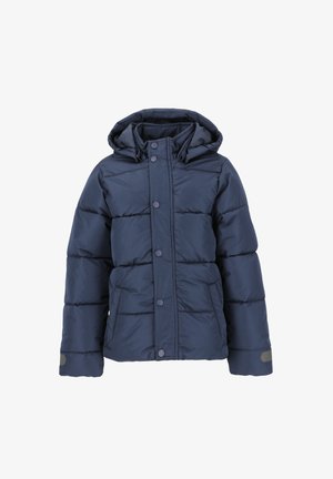 Marineblauer Puffer-Jacke mit Kapuze, gestepptem Design, Druckknöpfen, zwei seitlichen Taschen und grauen Akzenten an den Ärmeln.