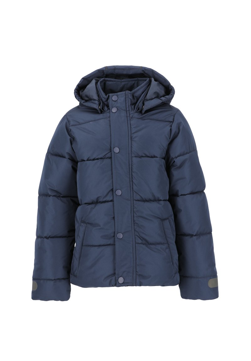 Marineblauer Puffer-Jacke mit Kapuze, gestepptem Design, Druckknöpfen, zwei seitlichen Taschen und grauen Akzenten an den Ärmeln.