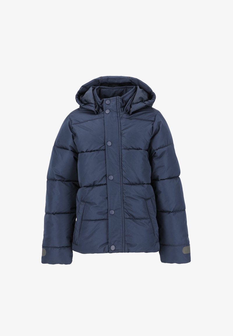 Marineblauer Puffer-Jacke mit Kapuze, gestepptem Design, Druckknöpfen, zwei seitlichen Taschen und grauen Akzenten an den Ärmeln.