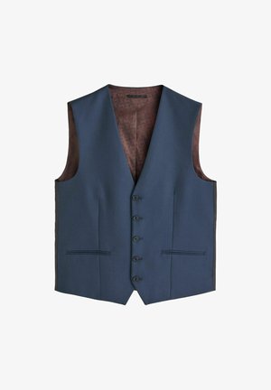 Gilet bleu marine en tissu texturé, avec un col en V, six boutons, deux poches avant et une doublure en marron à motifs.