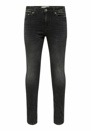 Black denim jeans with a slim fit, five-pocket design, subtle fading, and simple metal hardware on waistband and pockets.