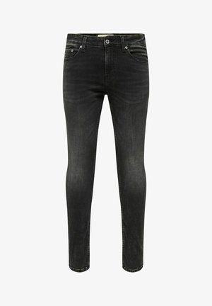 Jeans in denim nero con una vestibilità slim, design a cinque tasche, leggere sfumature e hardware metallico semplice sulla vita e sulle tasche.