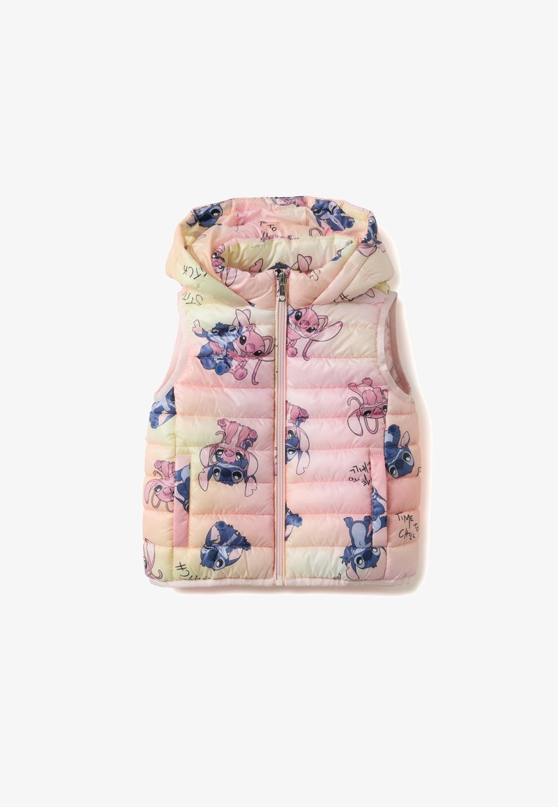 Mouwloos pastelroze gewatteerd vest met capuchon, ritssluiting aan de voorkant en overal bedrukt met de tekenfilmfiguren Stitch en Angel.