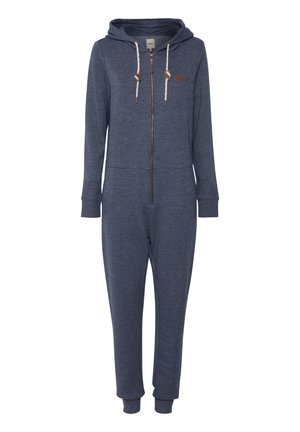 Navy blue zip-up potkupuku hupparilla, jossa on eriväriset kiristysnauhat ja ribbieristetyt hihansuut, valmistettu pehmeästä, teksturoidusta kankaasta.