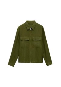 Olive green jacket made of lightweight fabric, featuring a front zipper, two chest pockets, and a point collar. Long sleeves with button cuffs.