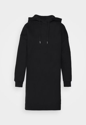 Vestito con cappuccio nero con tasca a marsupio, coulisse regolabile, maniche lunghe e vestibilità comoda. Tessuto morbido con una texture liscia.