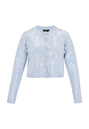 Cardigan corto azzurro chiaro con maniche lunghe, chiusura con bottoni e paillettes iridescenti disposte in un motivo sul davanti.