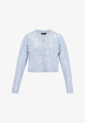Light blue cropped cardigan featuring long sleeves, button closure, and iridescent sequins arranged in a pattern across the front.