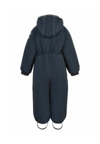 Traje integral aislante azul marino con capucha, puños elásticos y tirantes para los pies. Cuenta con cintura ajustada y detalles de costuras en gris.