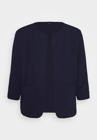 Mörkblå cardigan gjord av texturerat tyg, med rund halsringning, öppen front och två framfickor samt en avslappnad passform.