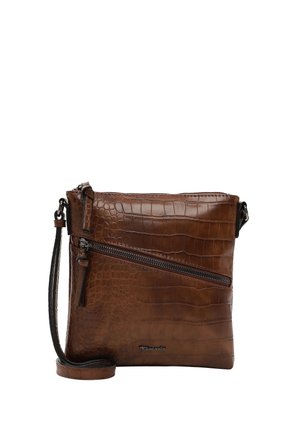 Brown crossbody bag with crocodile texture, diagonal front zipper pocket, and adjustable strap.