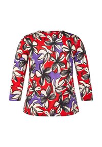 Rotes T-Shirt mit drei Viertelärmeln und floralem Muster. Das Design zeigt große schwarze, weiße und lila Blumen auf einem lebhaften roten Hintergrund. Weicher Stoff.