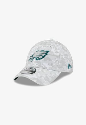Cappello da baseball camouflage grigio in tessuto, con un logo di un'aquila ricamato in teal sul davanti, visiera curva e retro regolabile.