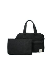 Sac fourre-tout noir en tissu avec des poignées doubles et une poche zippée à l'avant, accompagné d'une pochette pliable noire assortie.