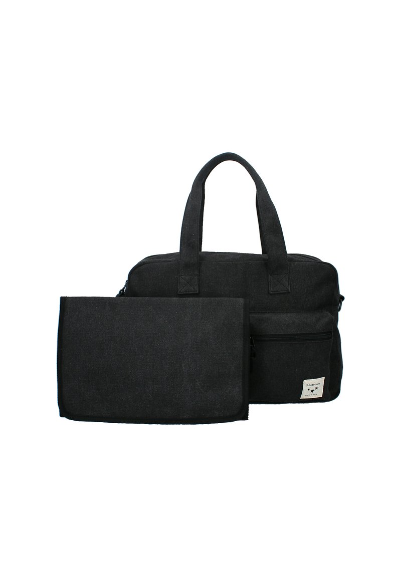 Sac fourre-tout noir en tissu avec des poignées doubles et une poche zippée à l'avant, accompagné d'une pochette pliable noire assortie.
