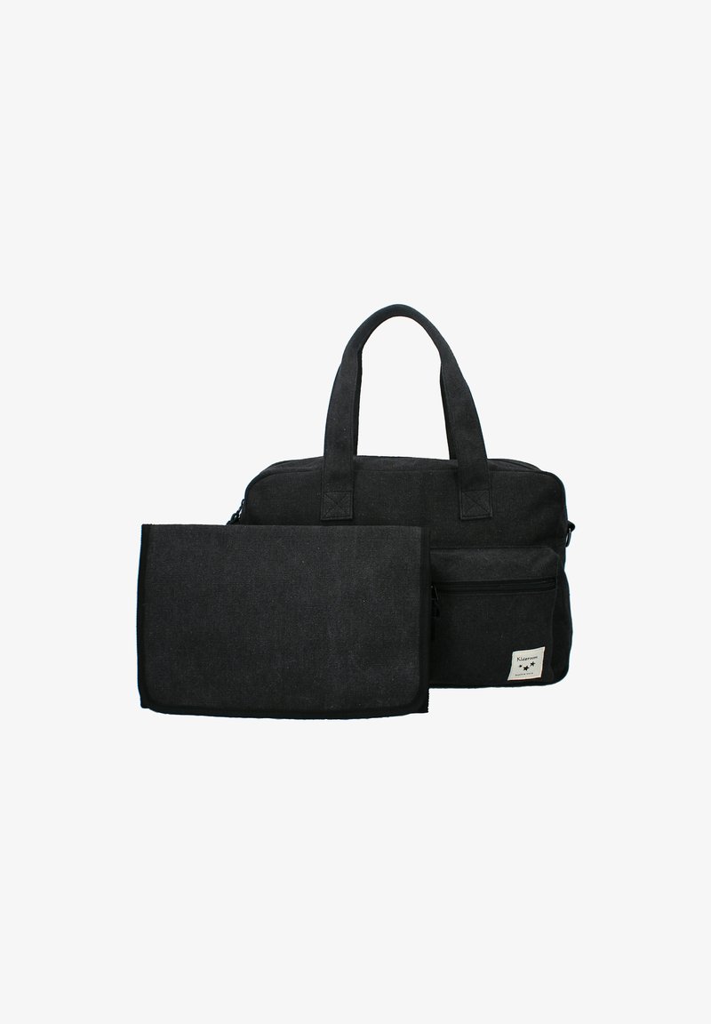 Sac fourre-tout noir en tissu avec des poignées doubles et une poche zippée à l'avant, accompagné d'une pochette pliable noire assortie.