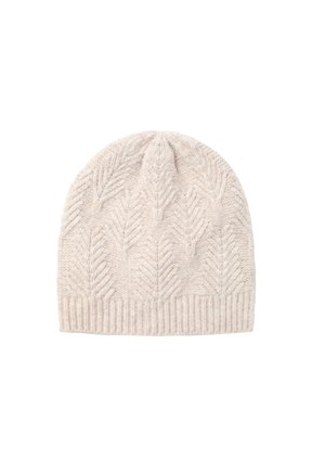 Heled beez värvi kootud nokamüts, millel on tekstuuriga lehemuster ja soonikkoes äär. Pehme villasegu materjal tagab soojust.