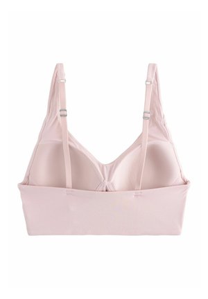Jasnoróżowy bezprzewodowy stanik z gładkiego materiału, z regulowanymi ramiączkami i prostym wzornictwem. Posiada zaokrąglony kształt i miękką teksturę.