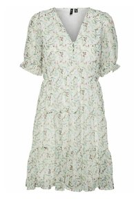 Robe fleurie avec un décolleté en V, des manches bouffantes et une jupe à volants. Confectionnée en tissu léger avec des motifs floraux verts, roses et bleus.