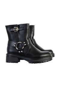 Black leather ankle boots with a round toe, buckle accents, and a textured sole. Features a decorative strap with a circular metal detail.