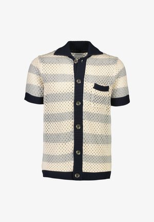 Kortærmet strikket cardigan i creme, grå og navy striber, med krave, fem knapper og en lille lomme på venstre side.