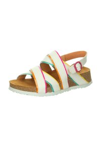 White leather sandals with multi-colored straps in pink, orange, and teal; cork footbed and adjustable ankle strap with buckle.