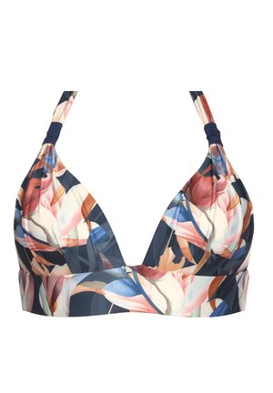 Trójkątny biustonosz bikini z kwiatowym wzorem w odcieniach różu, niebieskiego i granatu. Posiada regulowane ramiączka oraz szeroką taśmę poniżej miseczek.
