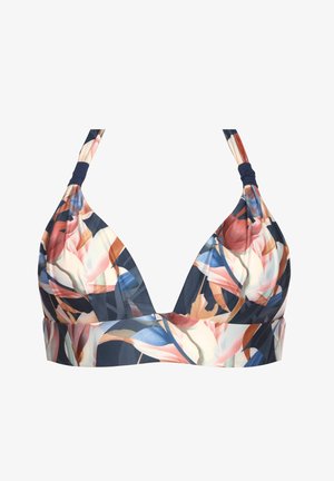 Trójkątny biustonosz bikini z kwiatowym wzorem w odcieniach różu, niebieskiego i granatu. Posiada regulowane ramiączka oraz szeroką taśmę poniżej miseczek.