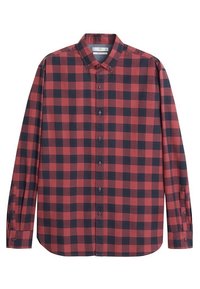 Chemise à manches longues à carreaux rouges et bleu marine avec col boutonné, fermeture à boutons sur le devant et poignets ajustables. Tissu en coton, coupe décontractée.