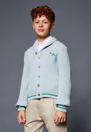Cárdigan de punto azul claro con cuello de chal, botones de madera y acentos a rayas verdes en el dobladillo y los puños. Detalle de logo bordado en el pecho.