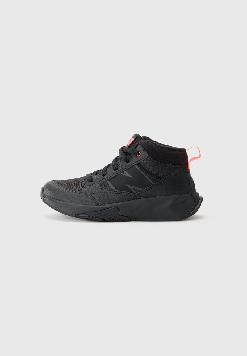Black athletic shoe with a mesh upper, high ankle design, red accents, and textured rubber sole. Features lacing and a rear pull tab.